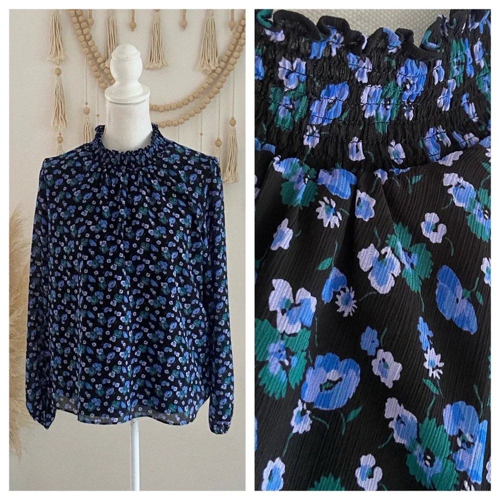J. Crew mock neck smocked blouse top black & blue floral print crepe spring M
